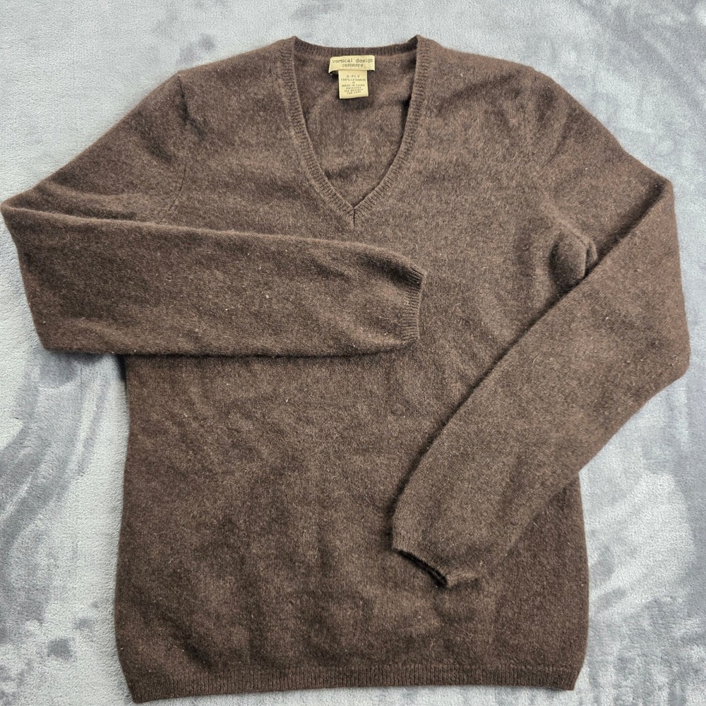 Vertical Design Sweater Womens Small Brown 100% Cashmere 2-Ply V-Neck Pullover